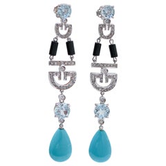 Turquoise, Onyx, Aquamarine Colour Topazs, Diamonds, Platinum Earrings.