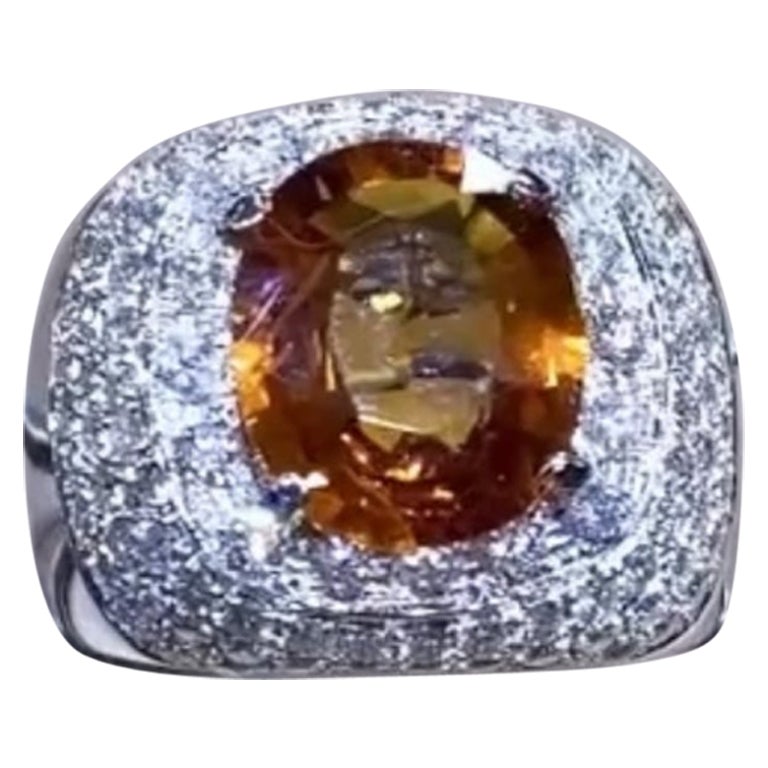 AIG Certified 5.80 Carat Orange Sapphire  1.90 Ct Diamonds 18K Gold Ring For Sale