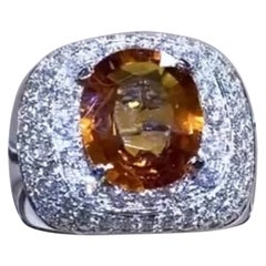 AIG Certified 5.80 Carat Orange Sapphire  1.90 Ct Diamonds 18K Gold Ring