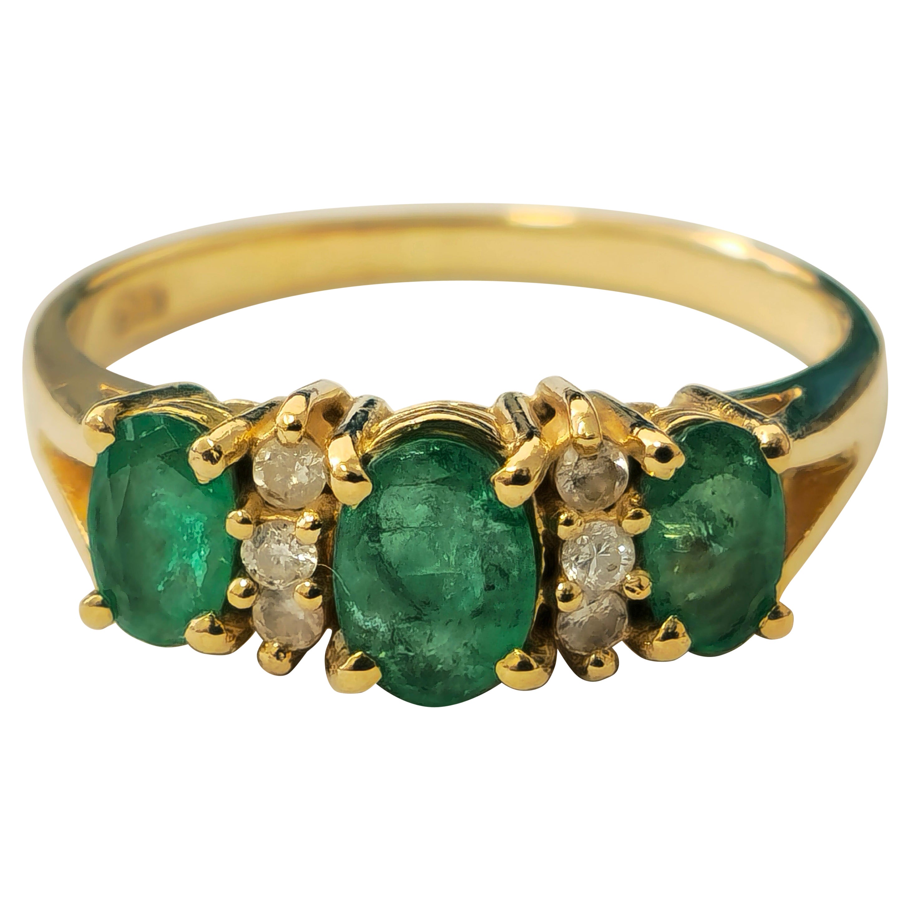 Natural 3 stone Emerald & Diamond Ring in 14k Gold  For Sale