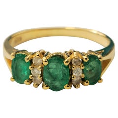 Natural 3 stone Emerald & Diamond Ring in 14k Gold 