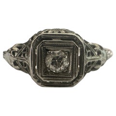 Retro Art Deco Diamond Solitaire and Filigree Engagement Ring 