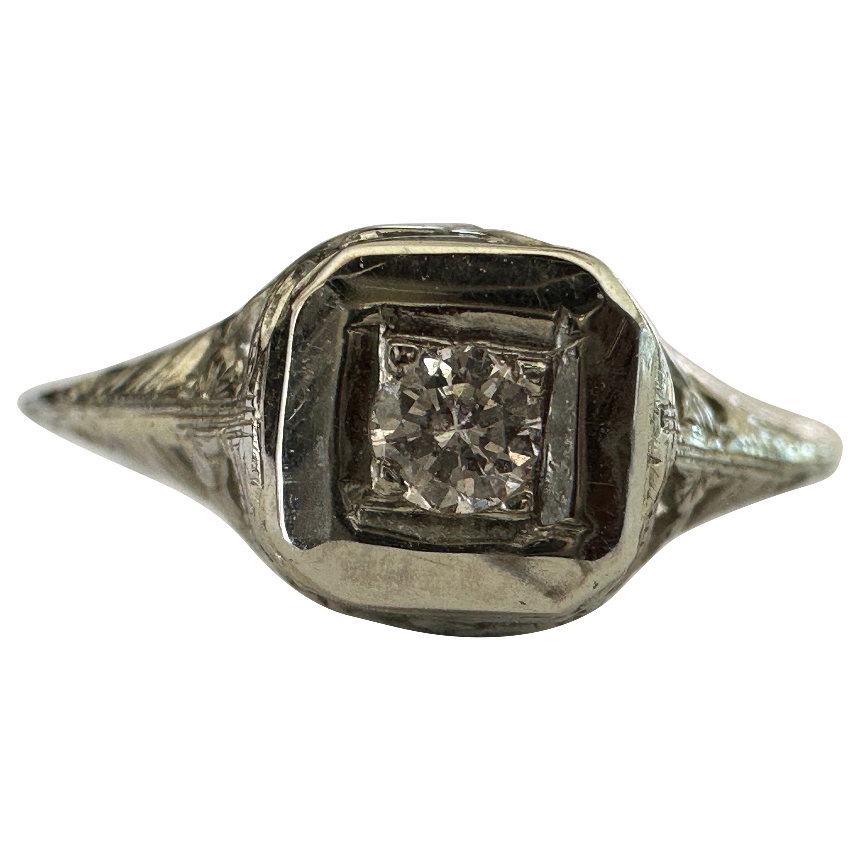 Petite Art Deco Diamond Solitaire and Filigree Engagement Ring 