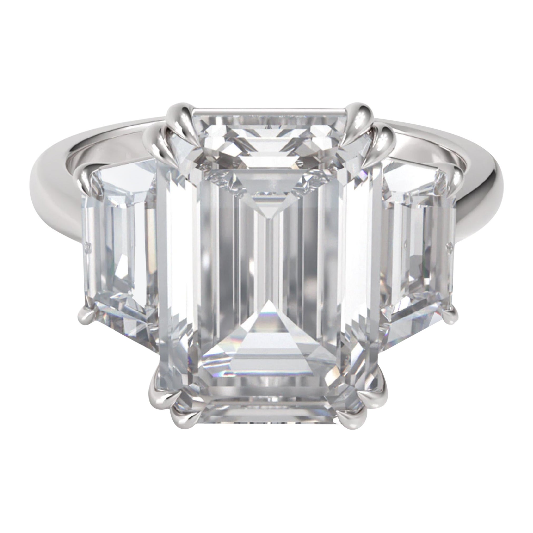 GIA Certified 5 Carat Emerald Cut Three Stone Diamond Ring (bague à trois pierres, taille émeraude) en vente