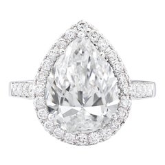E COLOR VVS2 GIA Certified 5 Carat Pear Cut Diamond Halo Pave Ring