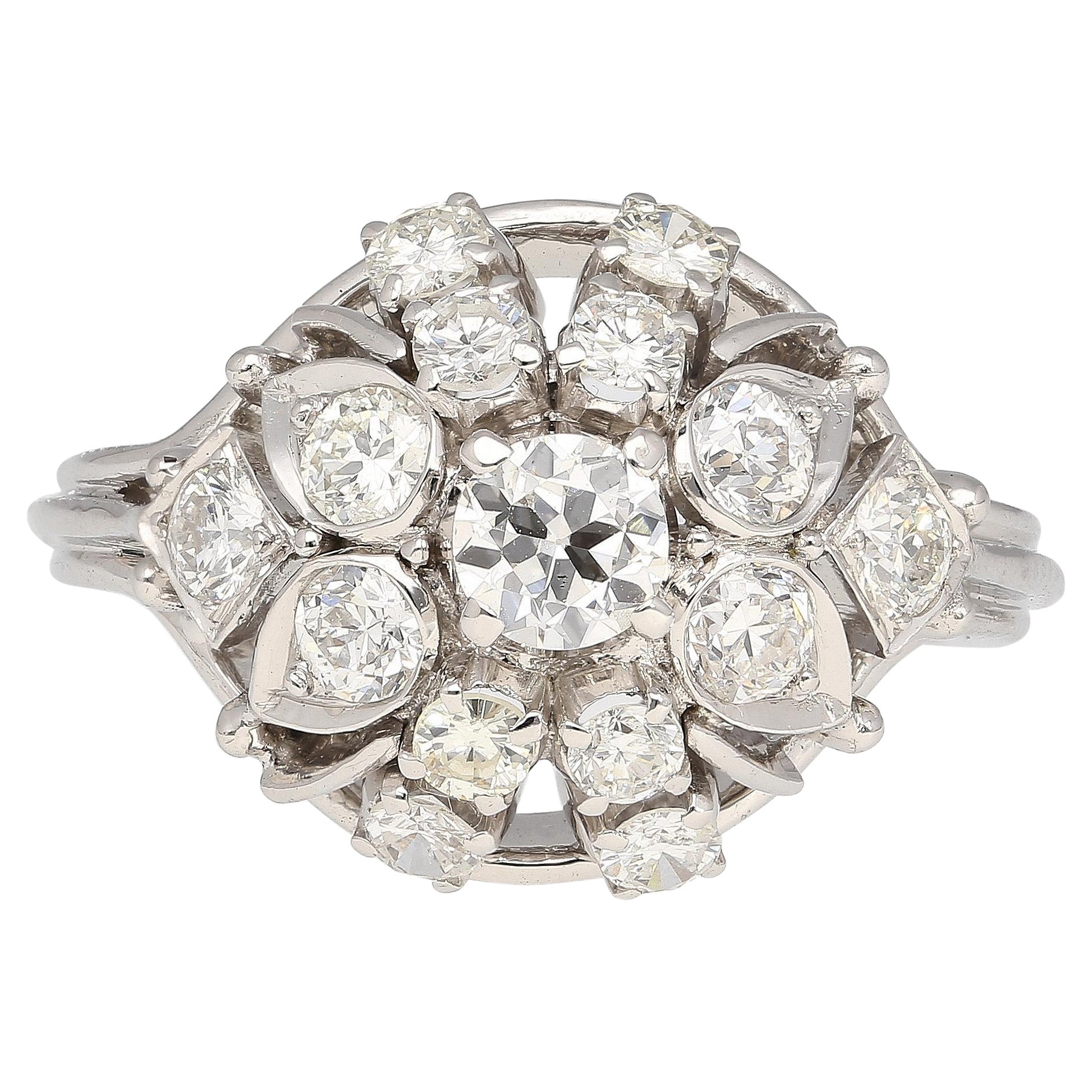 Vintage 1.30 Carat Old Euro-Cut Diamond Flower Ring in 14k White Gold For Sale