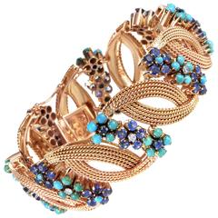 1950s Sapphire Turquoise Diamond Gold Floral Bracelet