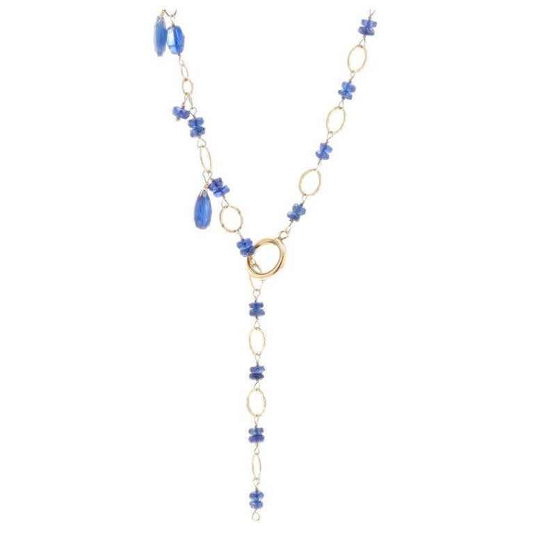 Yellow Gold Kyanite & Lapis Lazuli Lariat Necklace - 14k Fancy Chain Adjustable