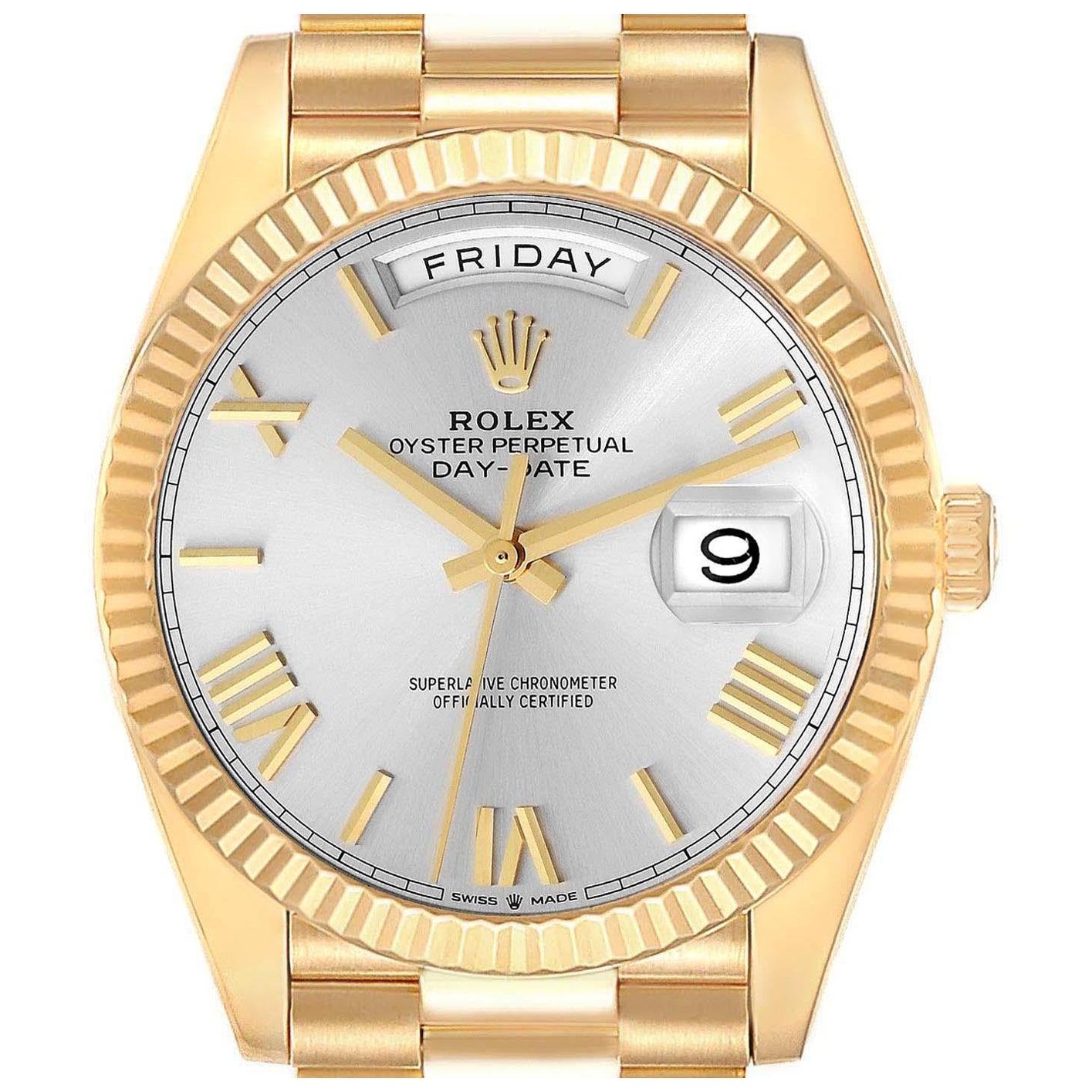 Rolex President Day Date 40 Yellow Gold Silver Dial Mens Watch 228238 Card For Sale