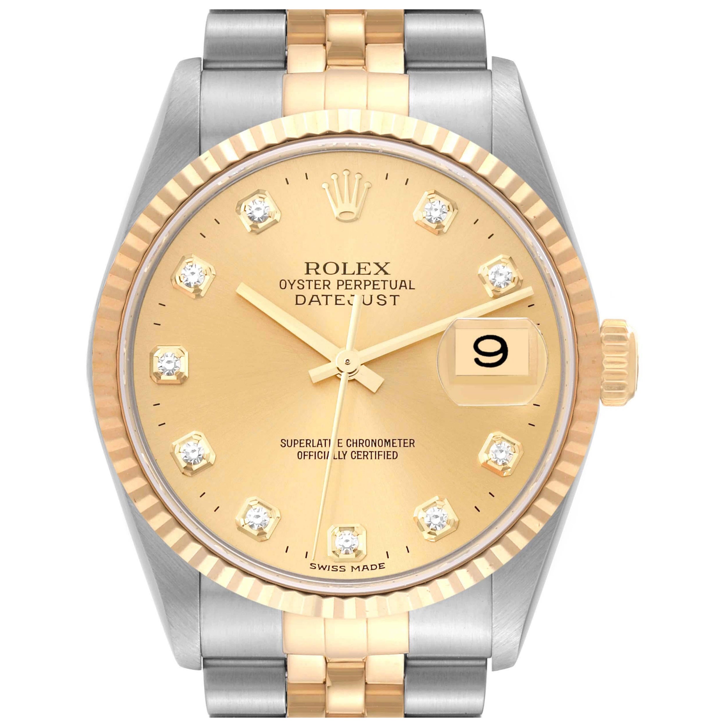 Rolex Datejust Champagne Diamond Dial Steel Yellow Gold Mens Watch 16233