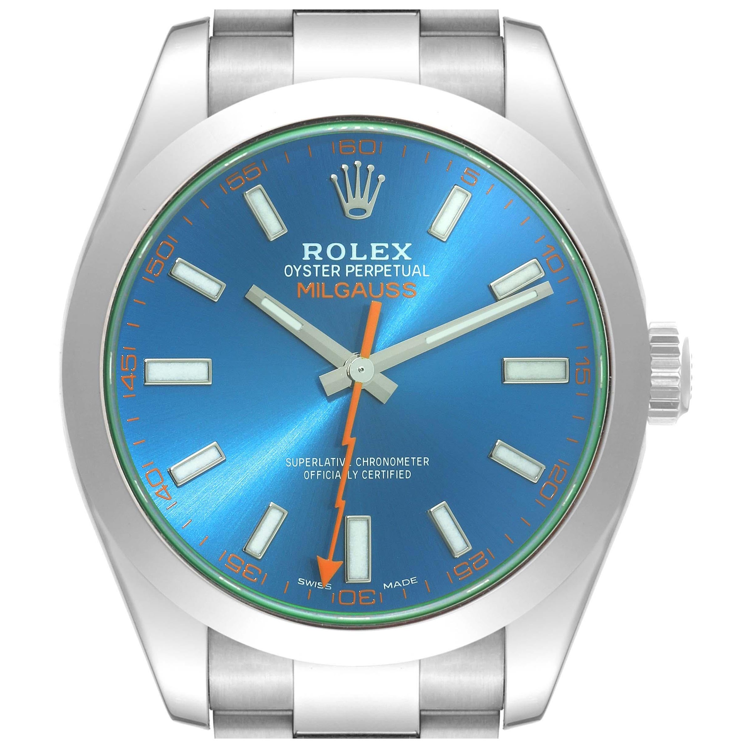 Rolex Milgauss Blue Dial Green Crystal Steel Mens Watch 116400GV Card For Sale