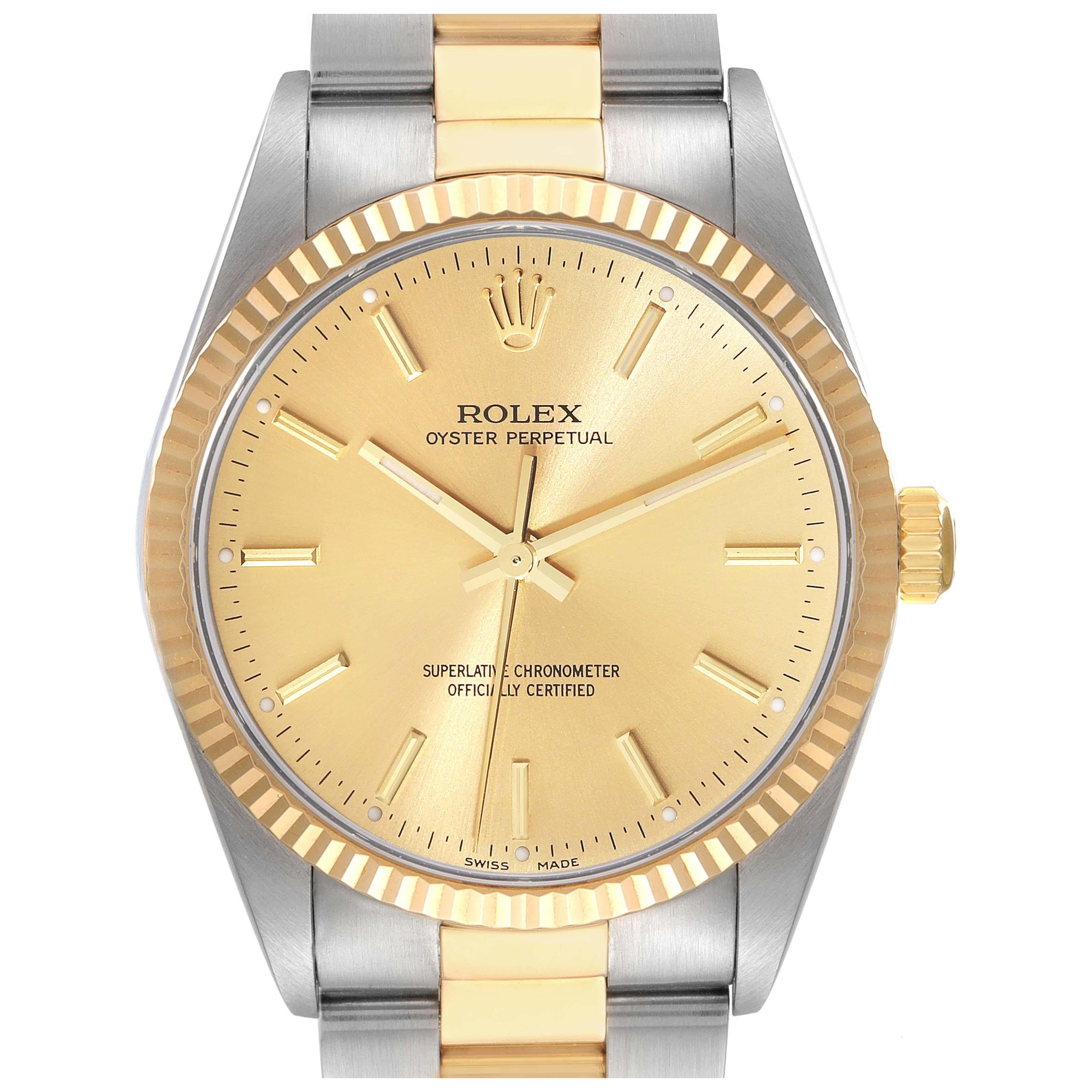 Rolex Oyster Perpetual Fluted Bezel Steel Yellow Gold Mens Watch 14233 For Sale