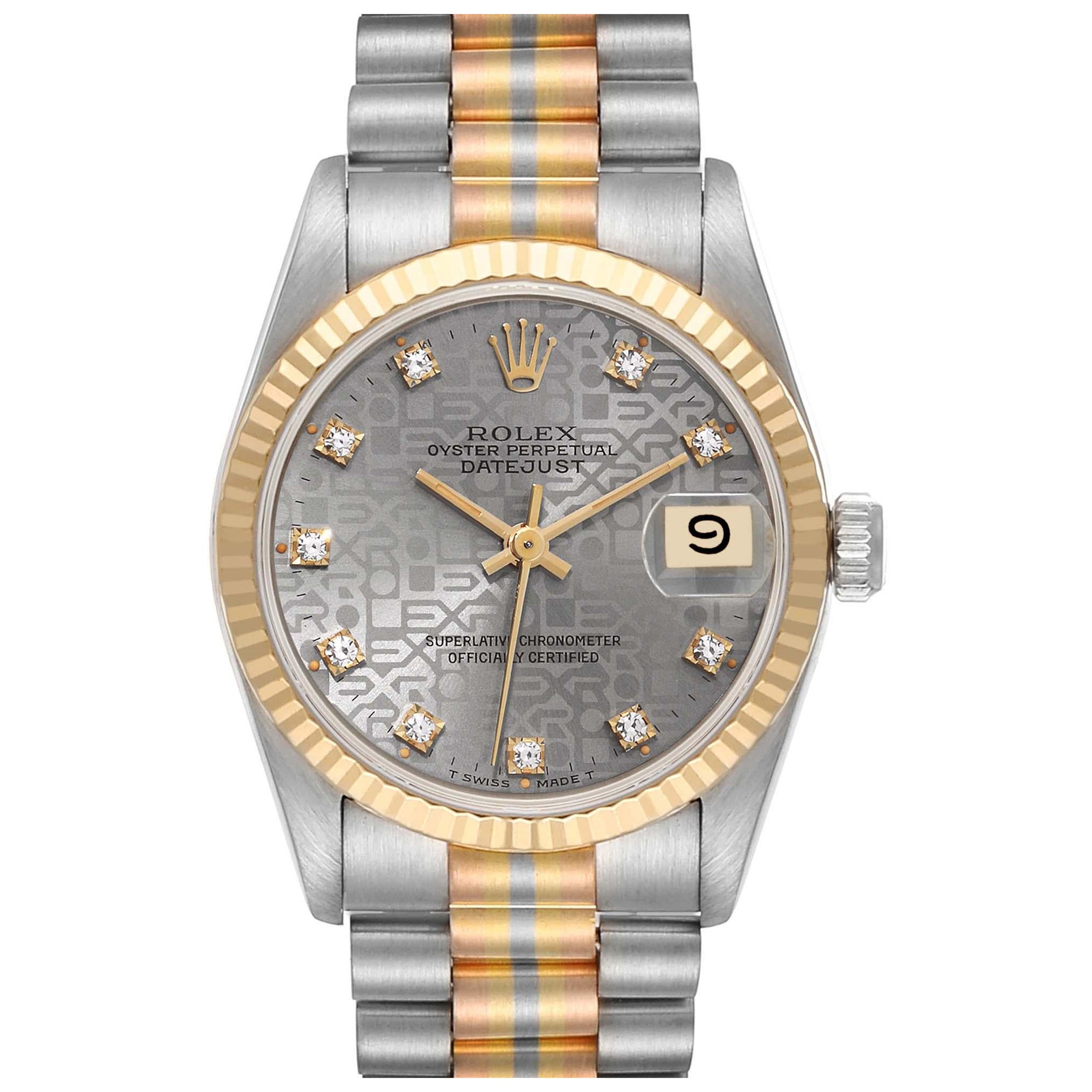 Rolex President Midsize Tridor White Yellow Rose Gold Diamond Ladies Watch 68279