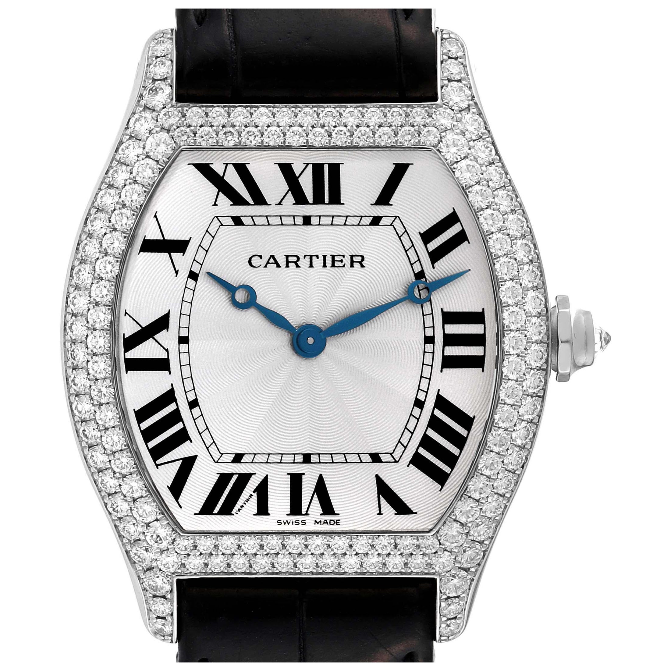 Cartier Tortue Large White Gold Diamond Mens Watch WA503851 Box Card en vente