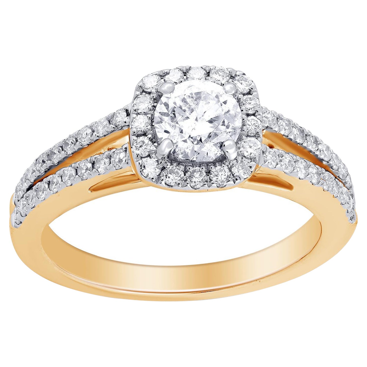 TJD 1.0 CT Round Diamond 14KT Yellow Gold Split Shank Classic Engagement Ring en vente