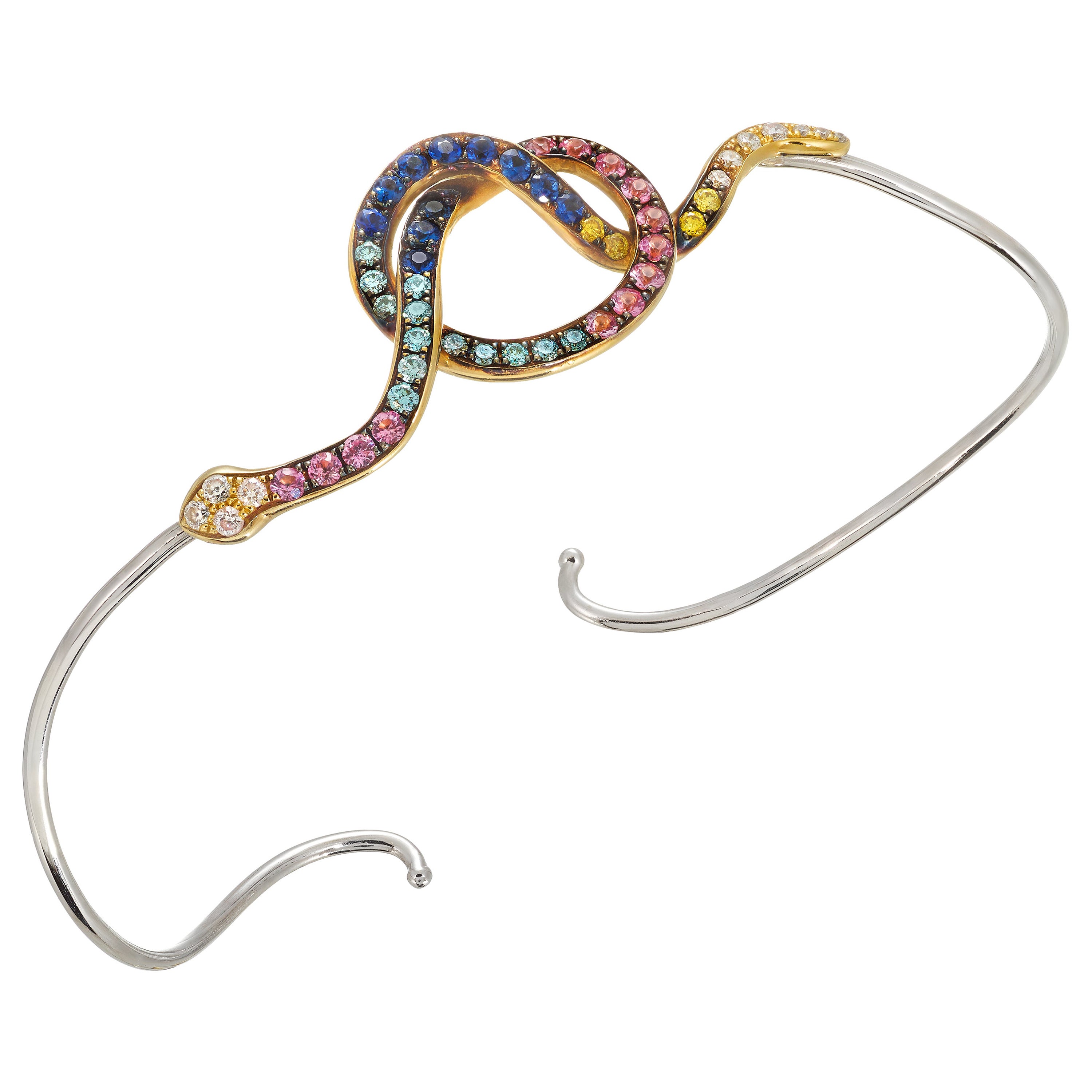 Rosior multicolor "Snake" Bangle Bracelet set in White and Yellow Gold  For Sale