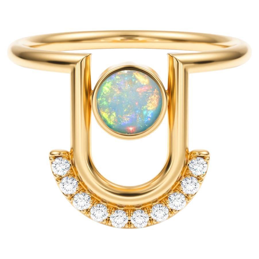 Casey Perez 18K Gold Modern Arc Ring with Banded Detail with Opal 