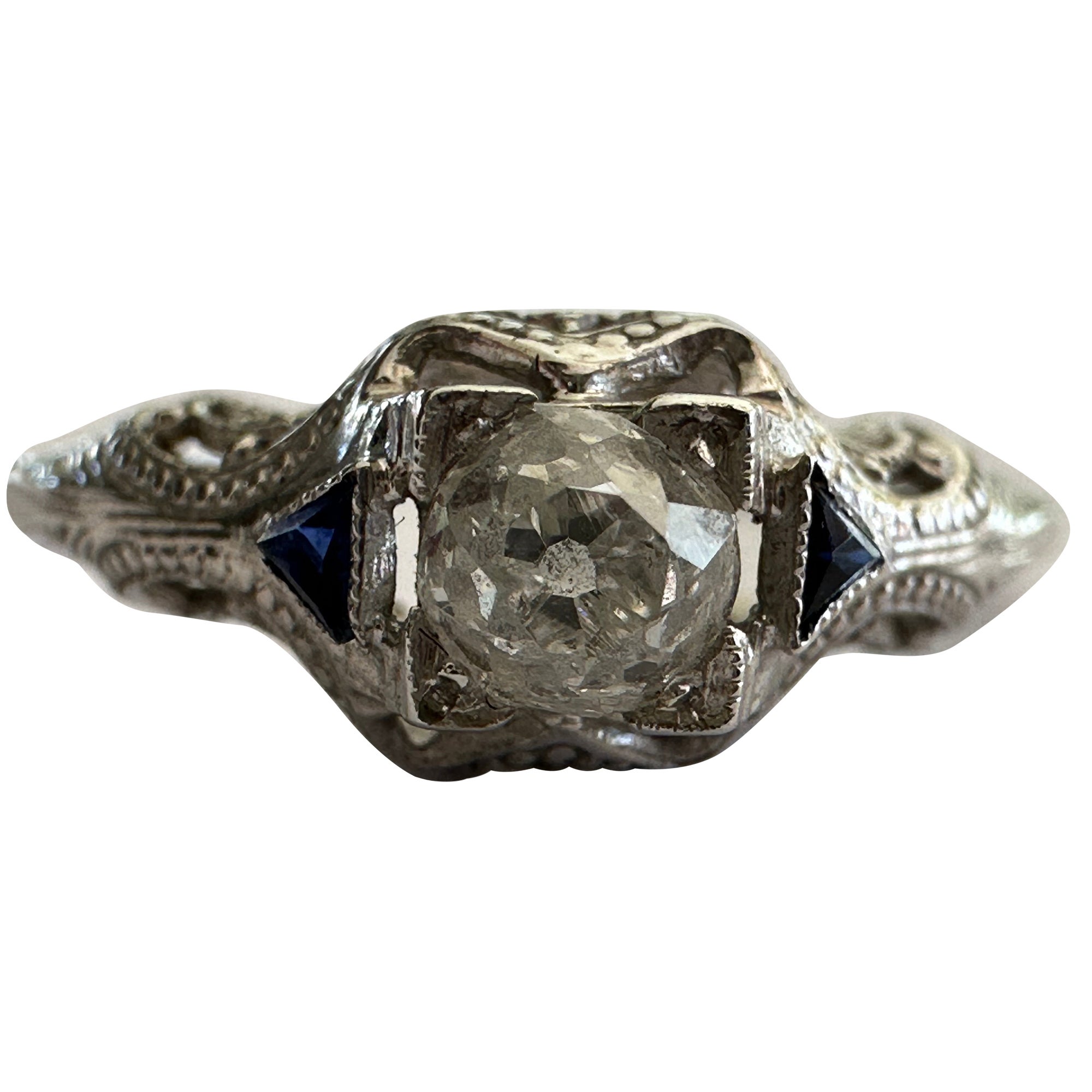 Edwardian Old Mine Cut Diamond and Sapphire Ring  For Sale