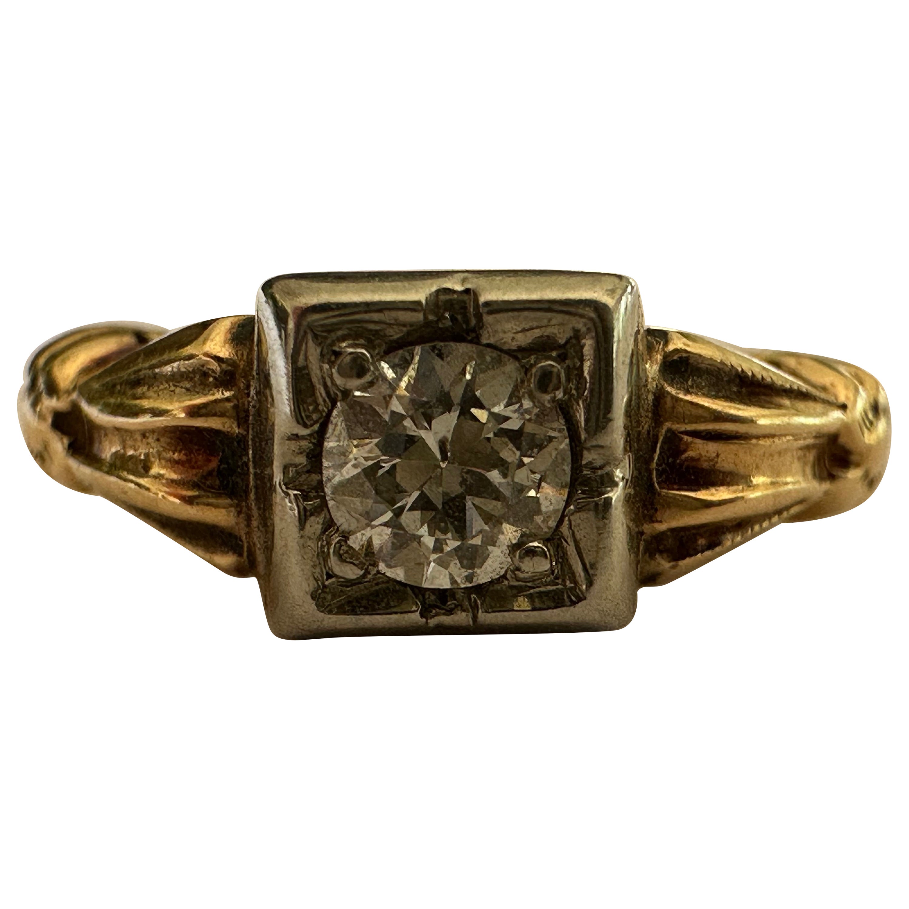 Mid-Century Two-Tone Diamond Solitaire Ring  For Sale