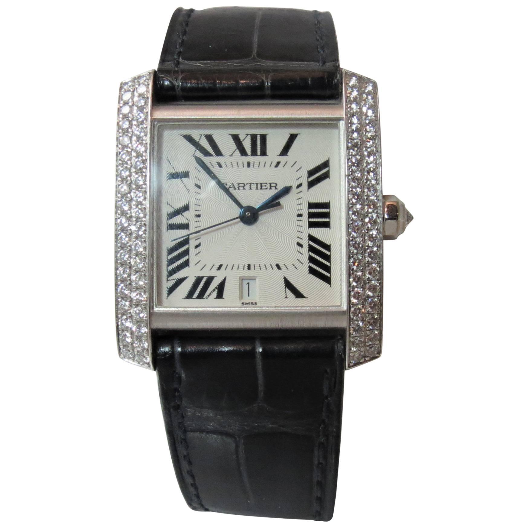 Cartier White Gold Diamond Tank Francaise Strap Automatic Wristwatch