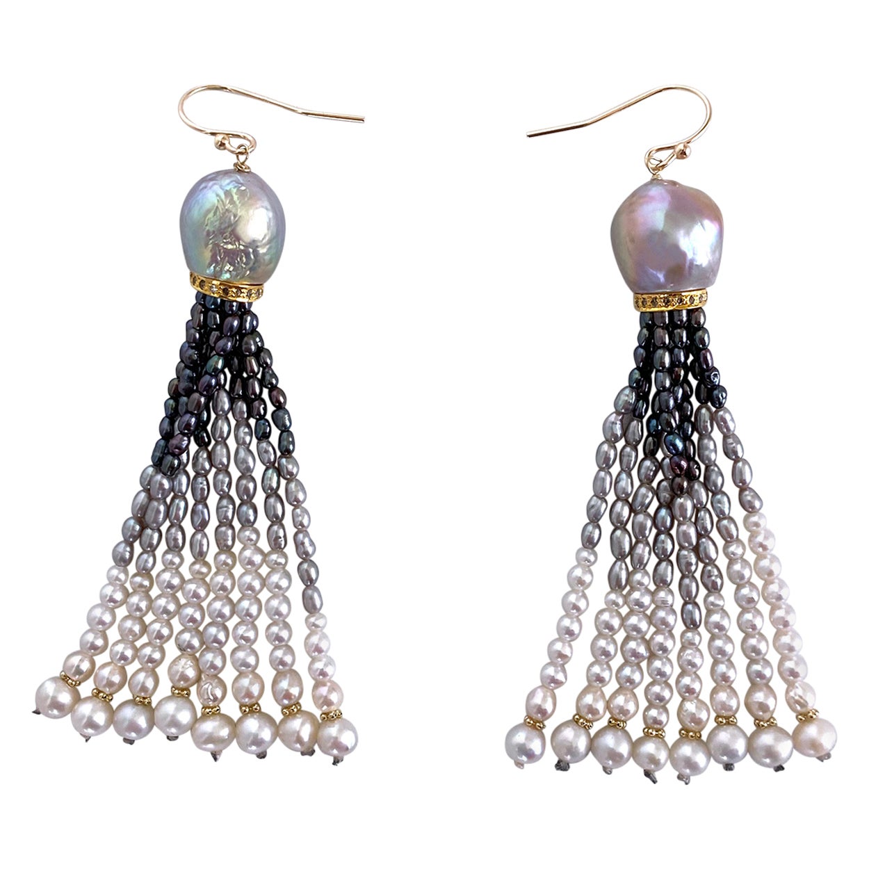 Marina J. Ombre Tassel Pearl Earrings with Diamonds and solid 14k Hooks