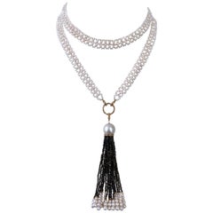 Marina J Woven Pearl Sautoir with Black Spinel & Solid 14k Yellow Gold Tassel