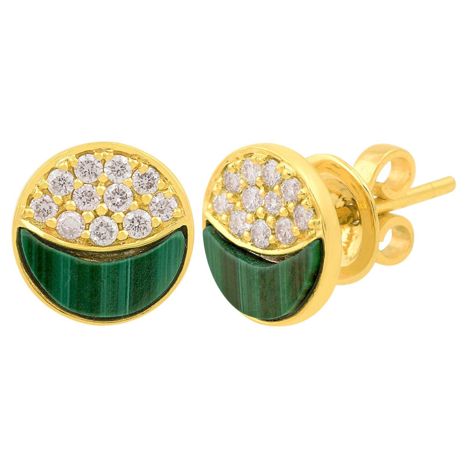 Natural Malachite Gemstone Stud Earrings Diamond 14 Karat Yellow Gold Jewelry