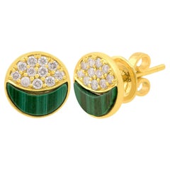 Boucles d'oreilles en or jaune 14 carats avec diamants en malachite naturelle