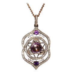 Vintage 18k Gold Natural Diamond And Amethyst Decrated Pretty Pendant Necklace