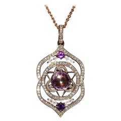 Retro 18k Gold Natural Diamond And Amethyst Decrated Pretty Pendant Necklace