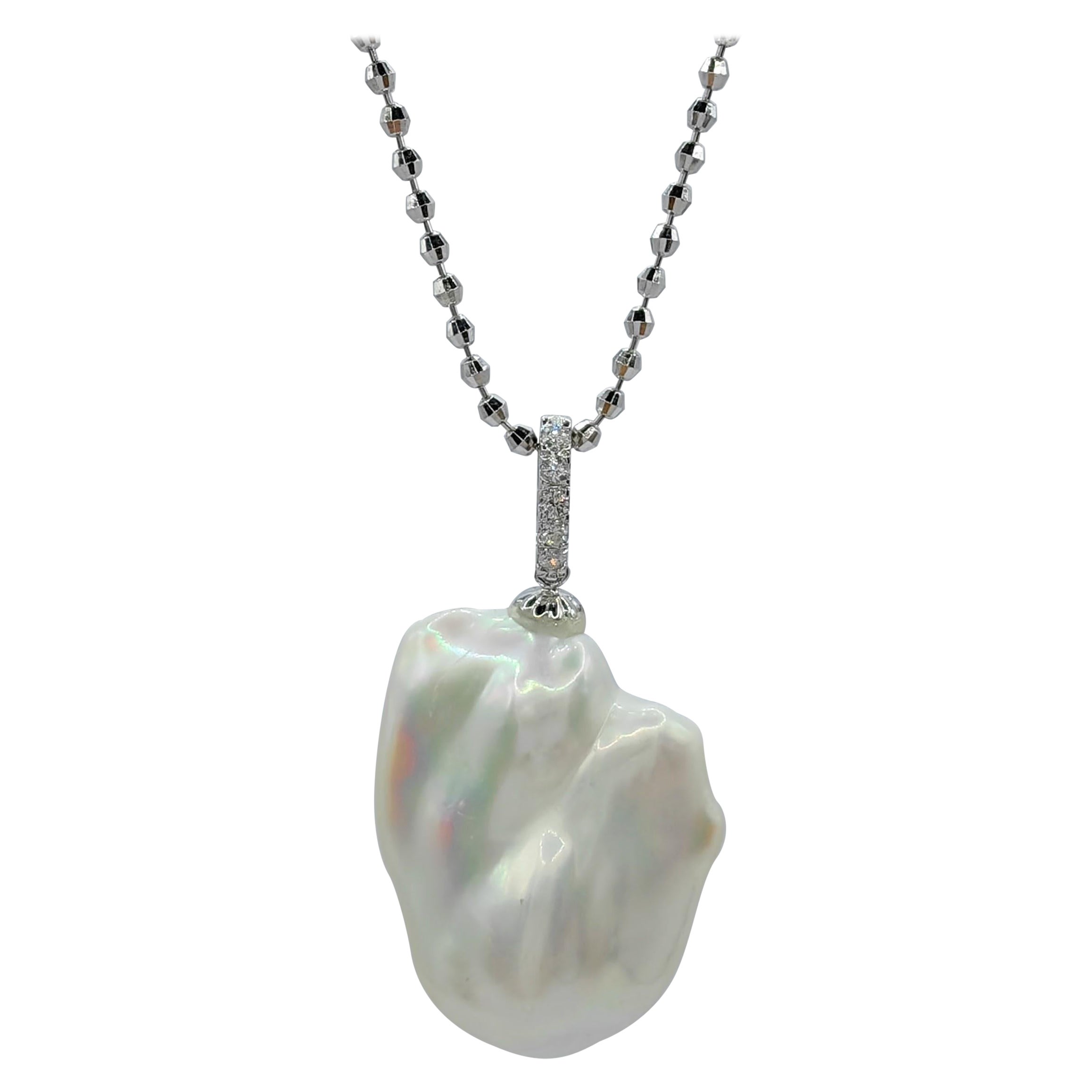 43.24ct Extra Large Baroque Pearl Diamond Necklace Pendant in 18K White Gold For Sale