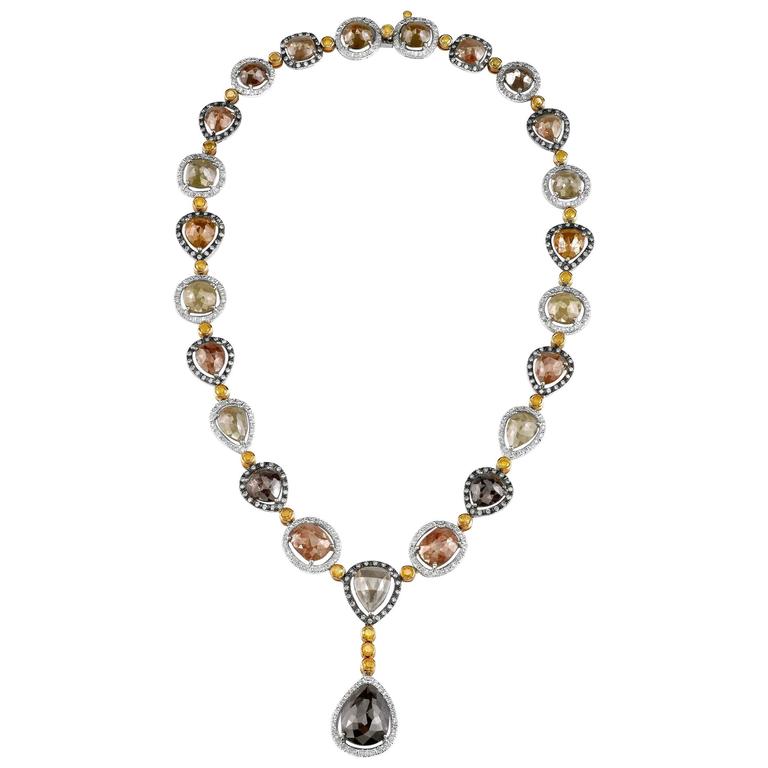 Rough Fancy Green Diamonds with Gold Accent Y Shaped Necklace For Sale