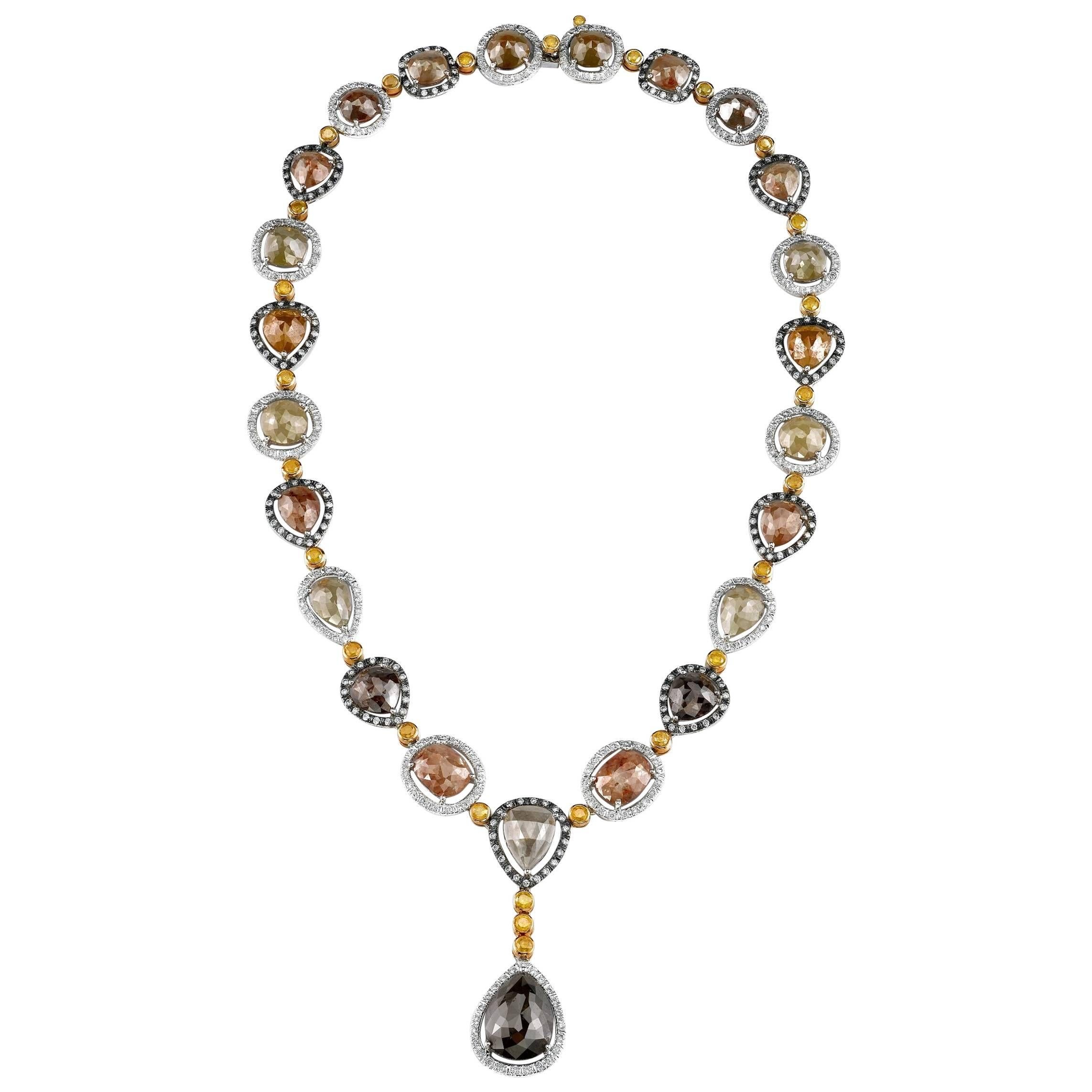 Rough Fancy Green Diamonds with Gold Accent Y Shaped Necklace For Sale