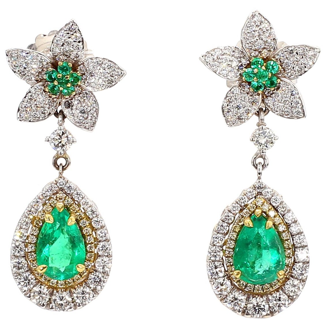 Colombian Emerald Earrings Pear Shape GIA Certified 3.26 ct 18K Two Tone Gold For Sale