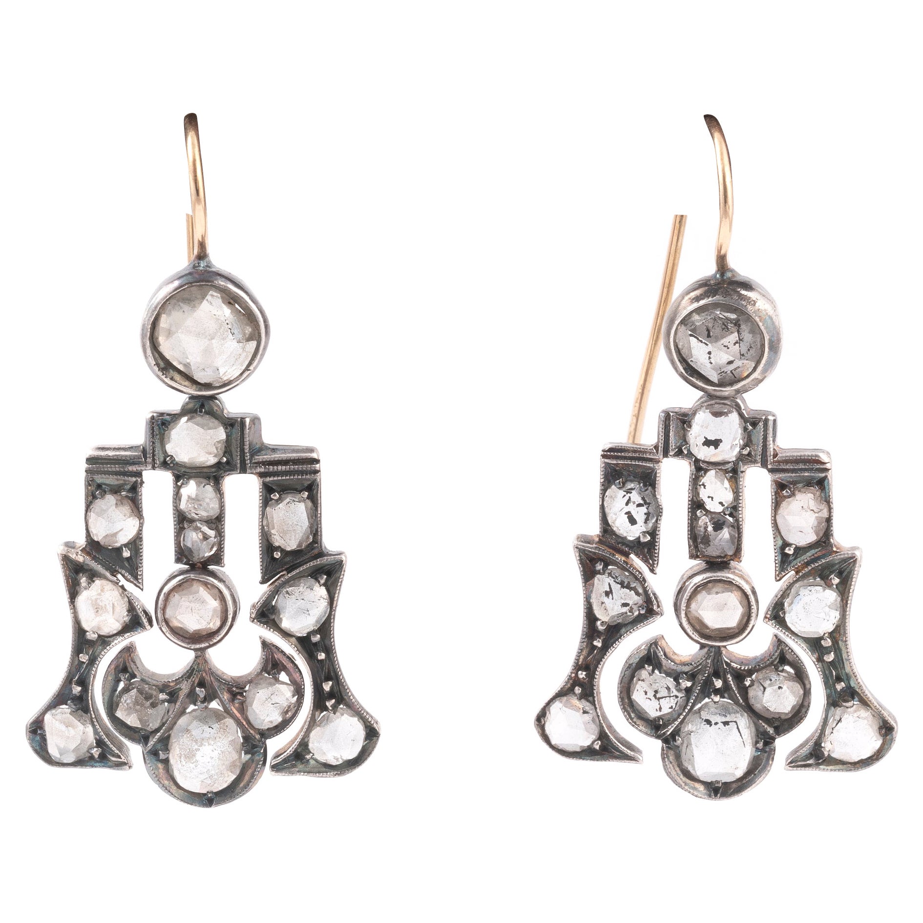 Antique Rose Cut Diamonds Silver and Gold Earrings 1890 ca. For Sale