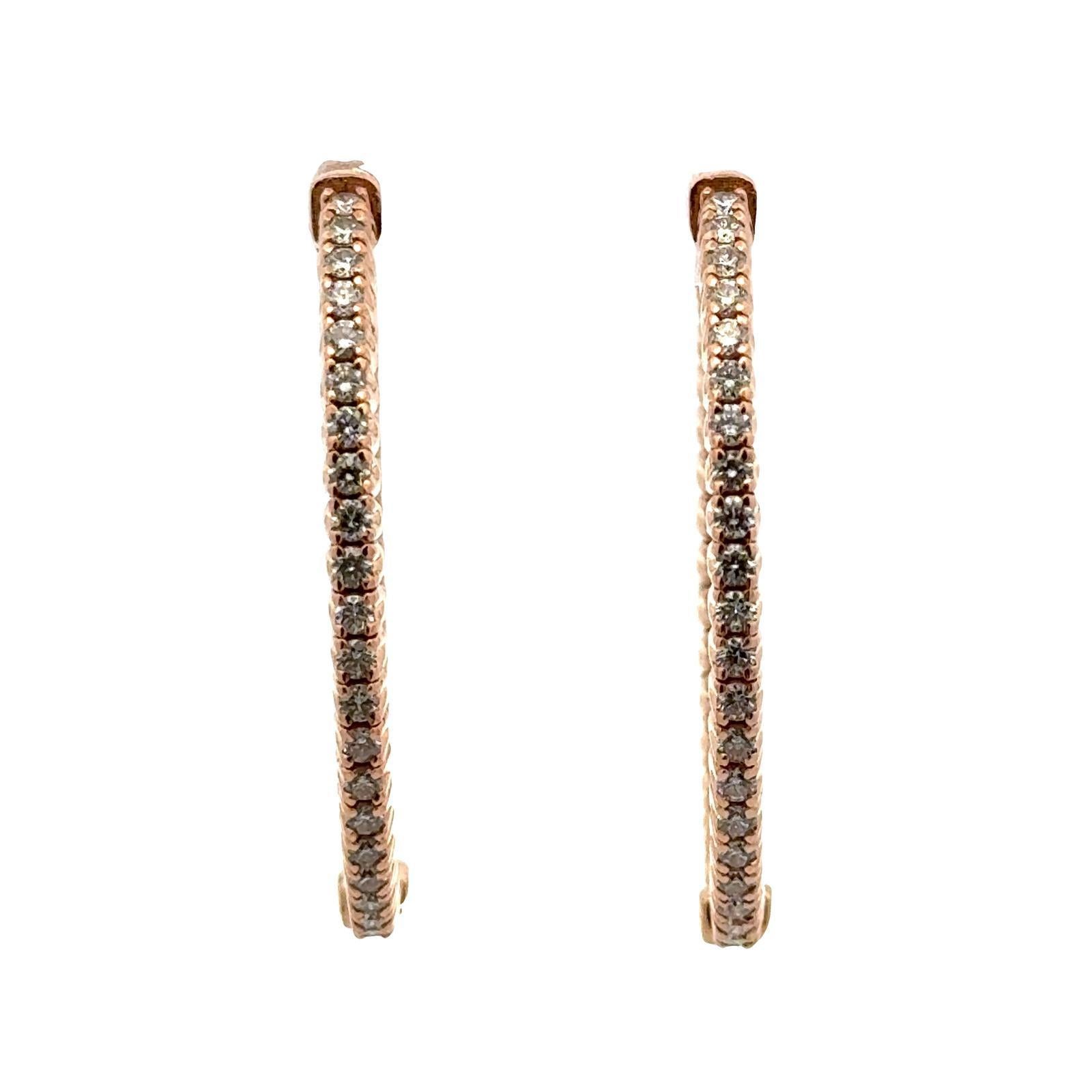 1.50 CTW Diamond 14 Karat Rose Gold Oval In/Out Hoop Earrings Modern For Sale
