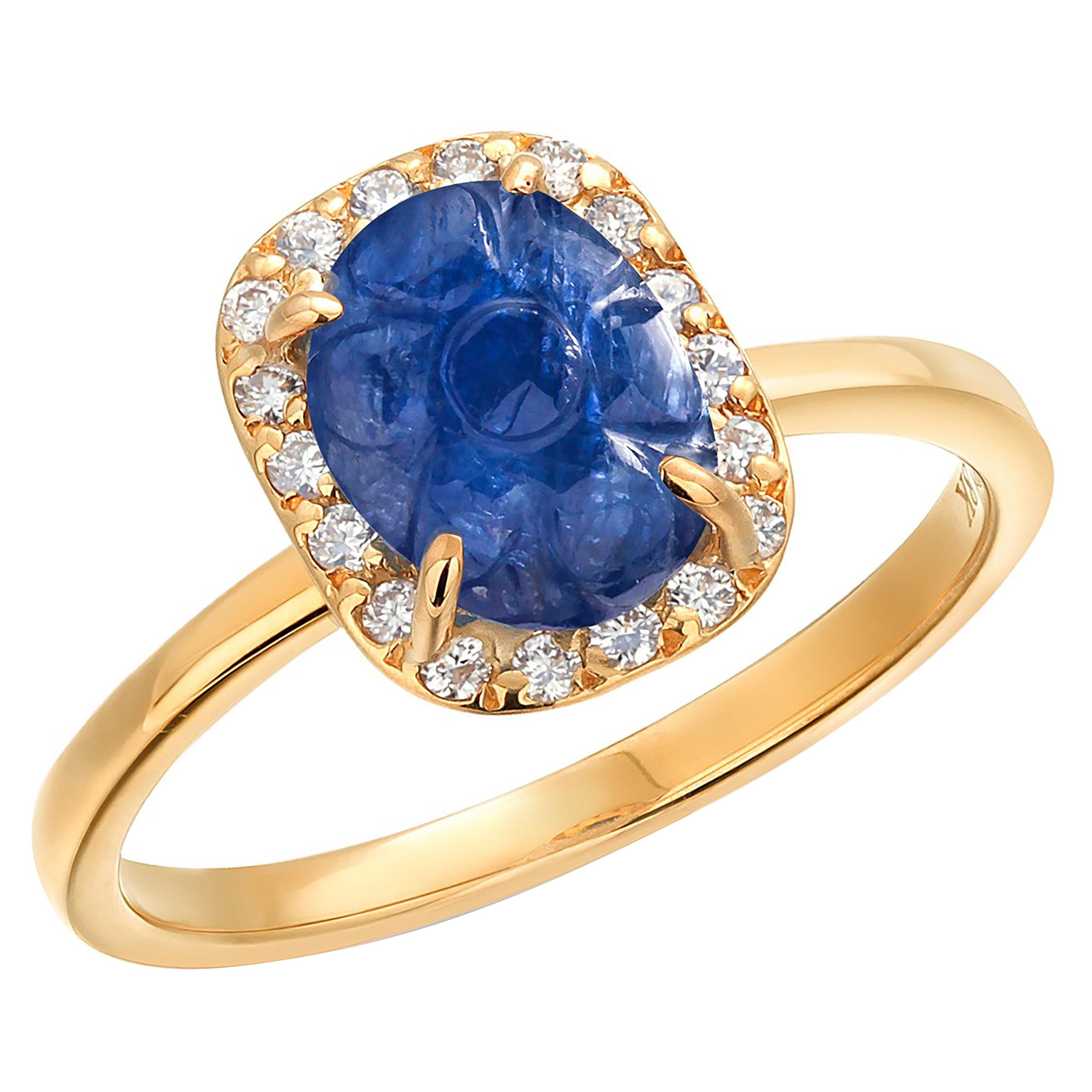 GIA Certified No Heat Carved Sapphire Diamond 2.61 Carat 18 Karat Yellow Gold For Sale
