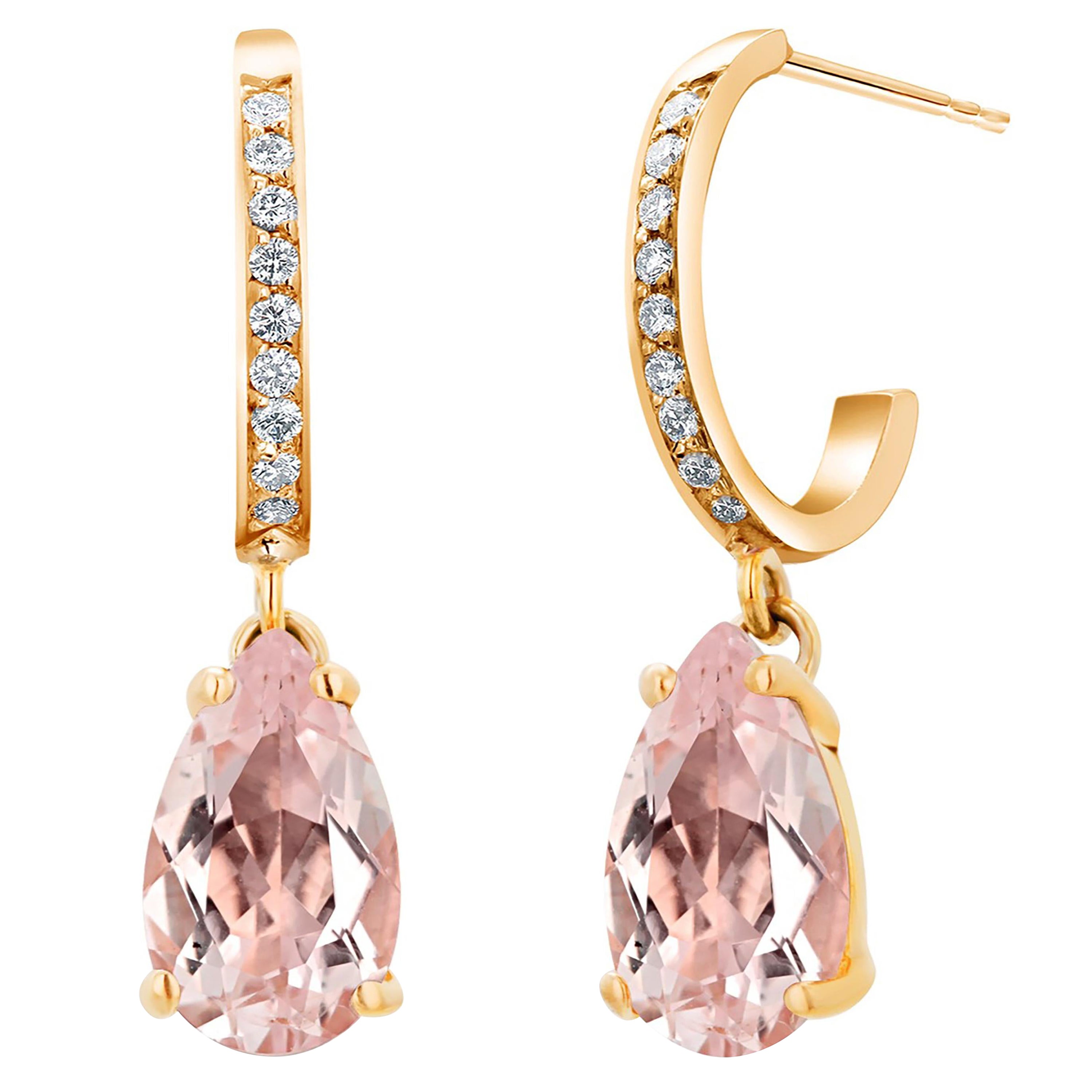 14 Karat Gold Natural Pink Pear Morganite Diamond 2.87 Carat 1 Inch Earrings For Sale