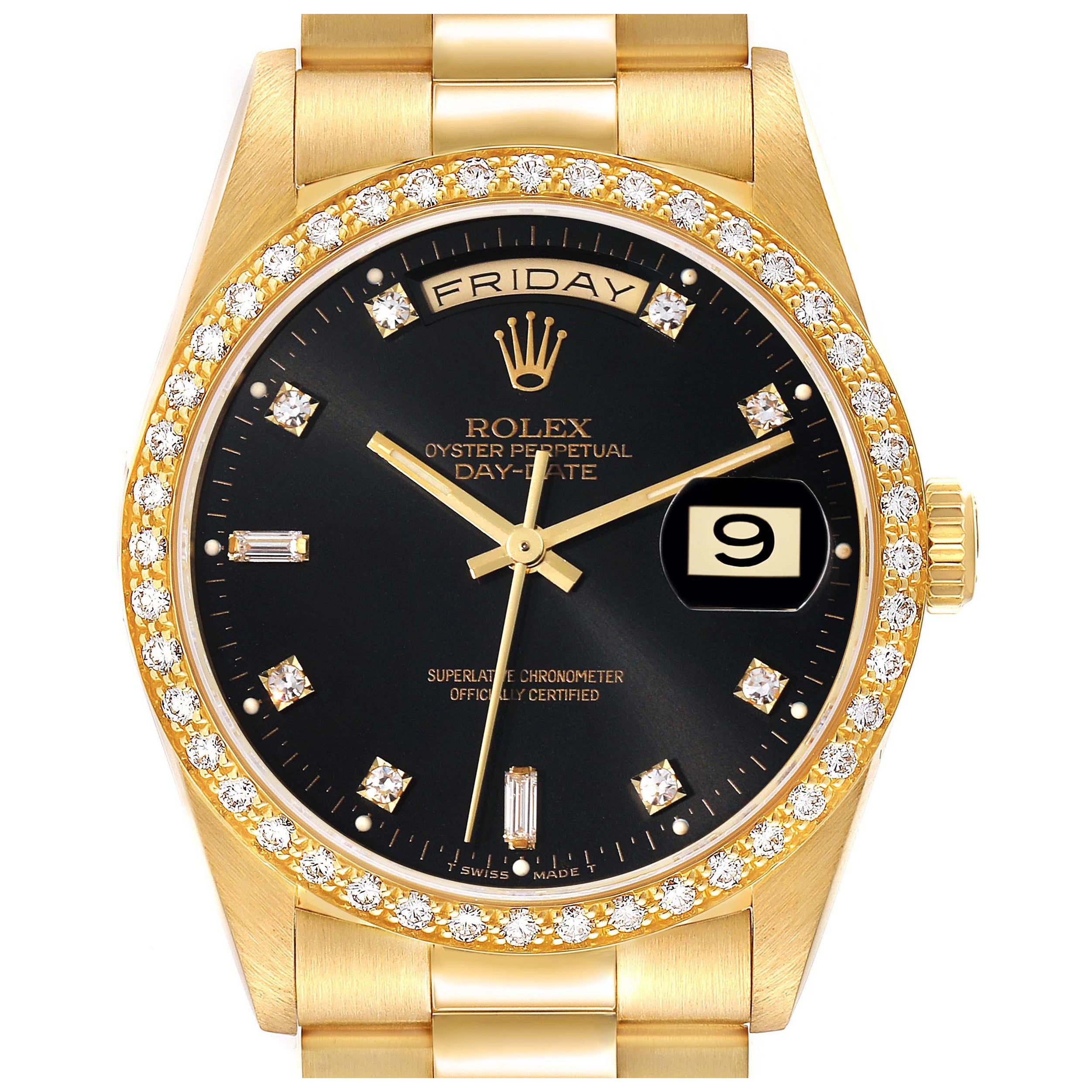 Rolex President Day Date 36mm Yellow Gold Black Dial Diamond Mens Watch 18348 en vente