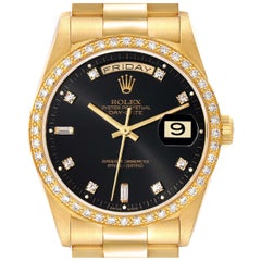 Used Rolex President Day Date 36mm Yellow Gold Black Dial Diamond Mens Watch 18348