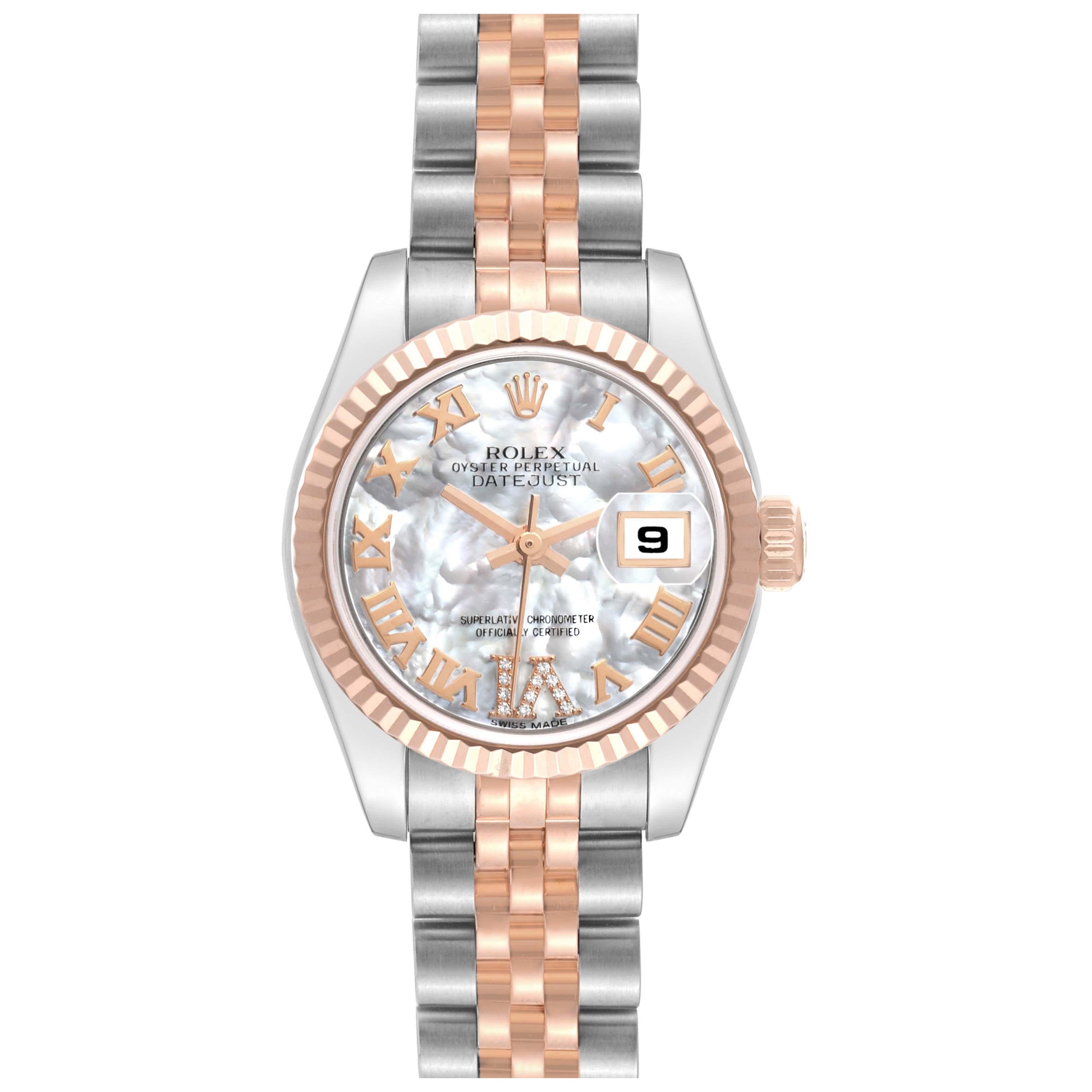 Rolex Datejust Steel Rose Gold Mother of Pearl Diamond Dial Ladies Watch 179171 For Sale