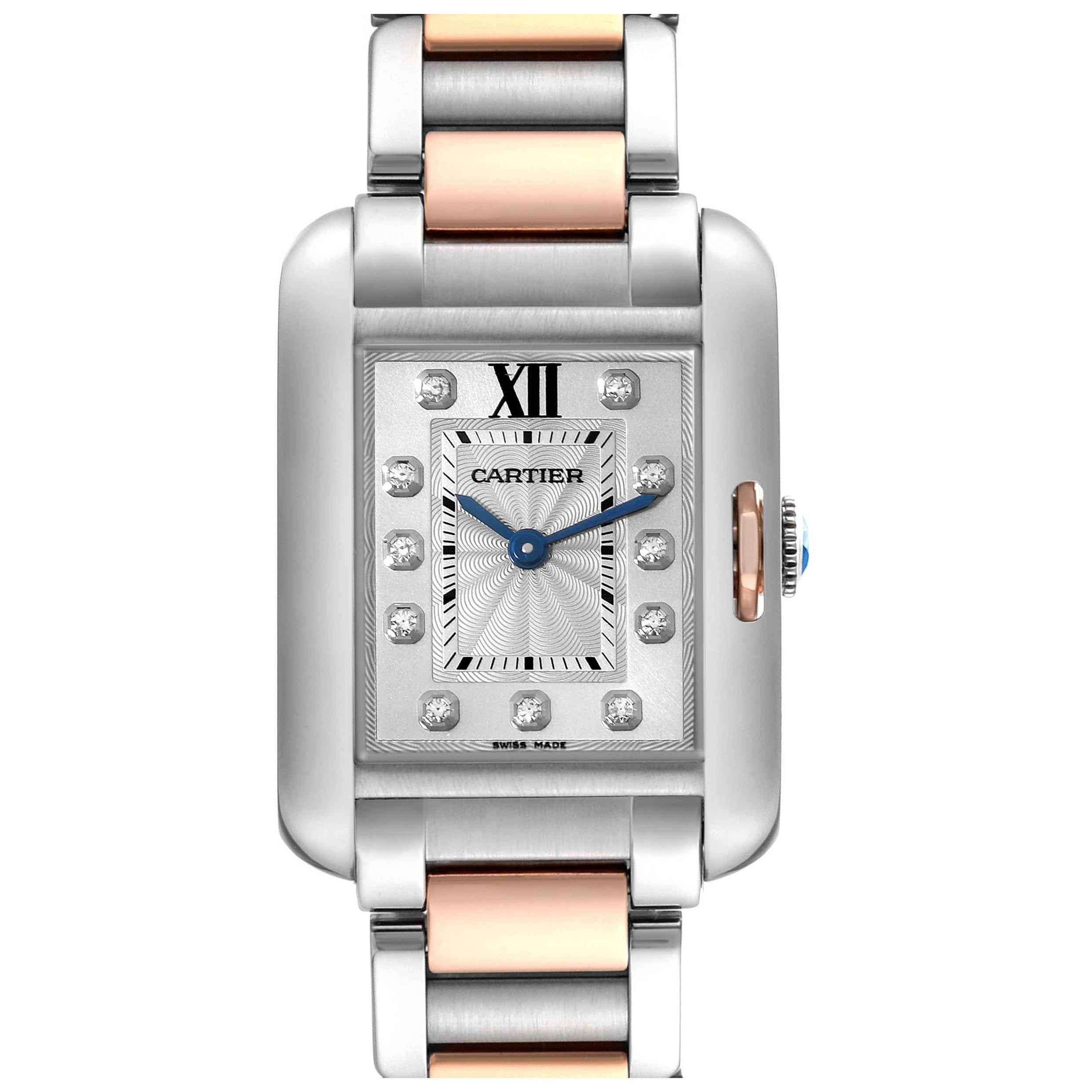 Cartier, petite montre Tank Anglaise en acier avec cadran en or rose et diamants, pour femmes WT100024 en vente