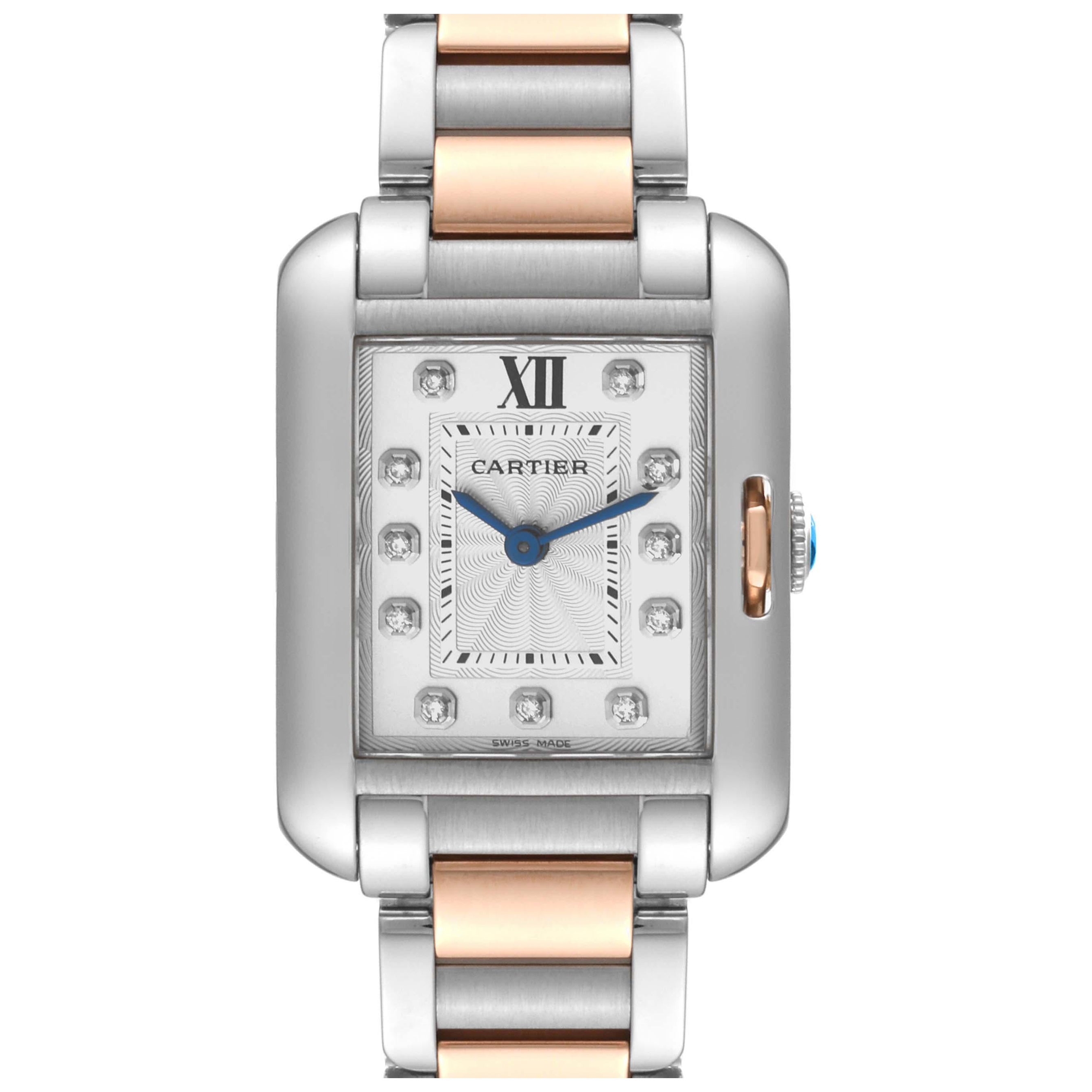 Cartier, petite montre Tank Anglaise en acier avec cadran en or rose et diamants, pour femmes WT100024