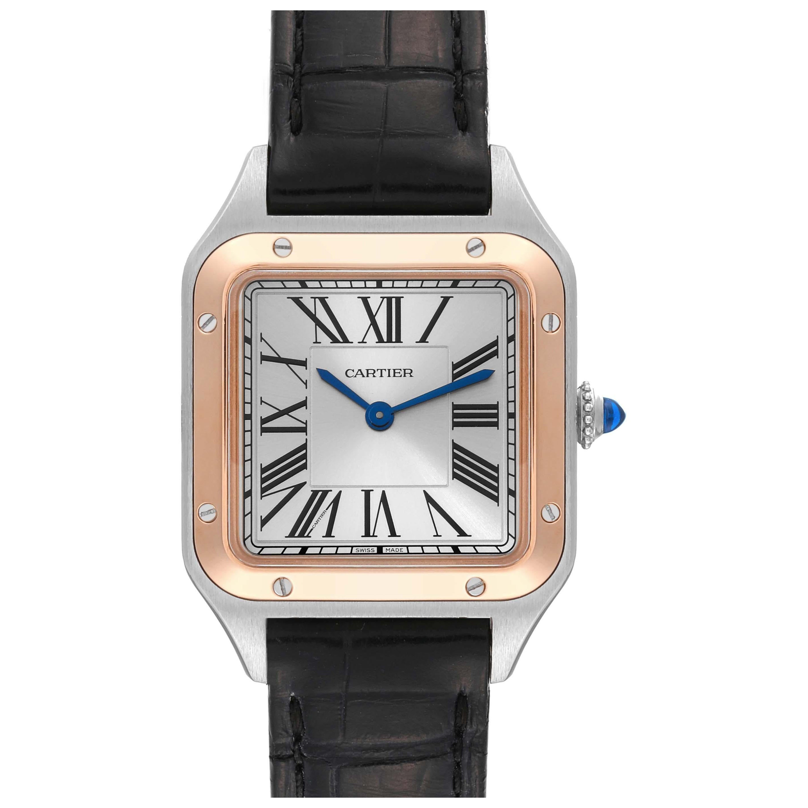 Cartier Santos Dumont Steel Rose Gold Silver Dial Ladies Watch W2SA0012 For Sale
