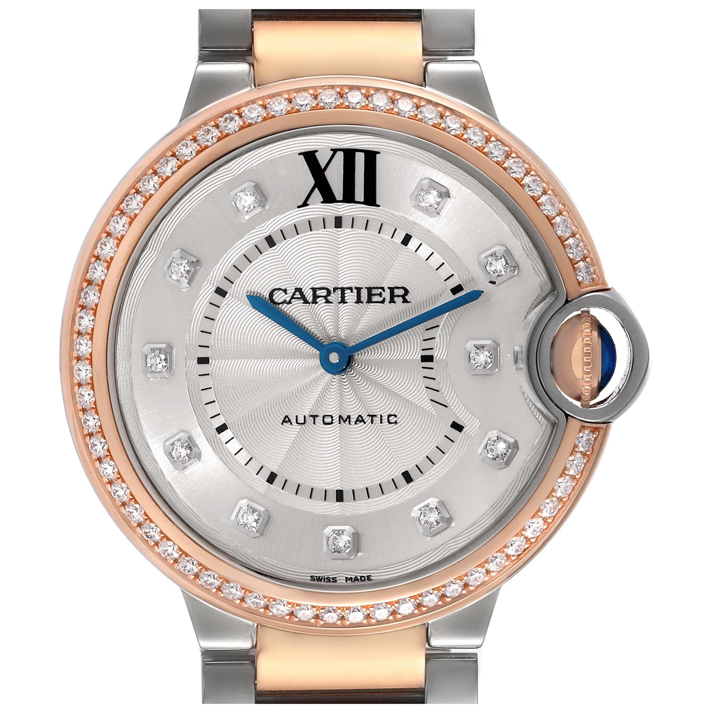 Cartier Montre Ballon en acier bleu, or rose et diamants pour femmes W3BB0004 en vente