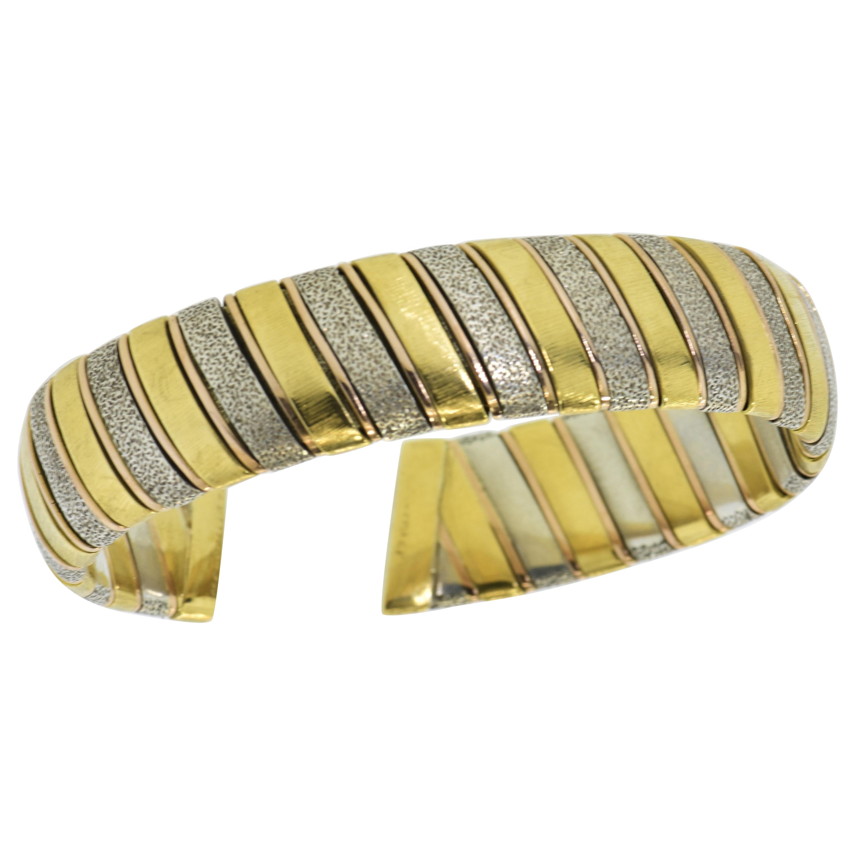 M. Buccellati Yellow and Rose Gold and Sterling Silver Vintage Bangle  Bracelet. For Sale