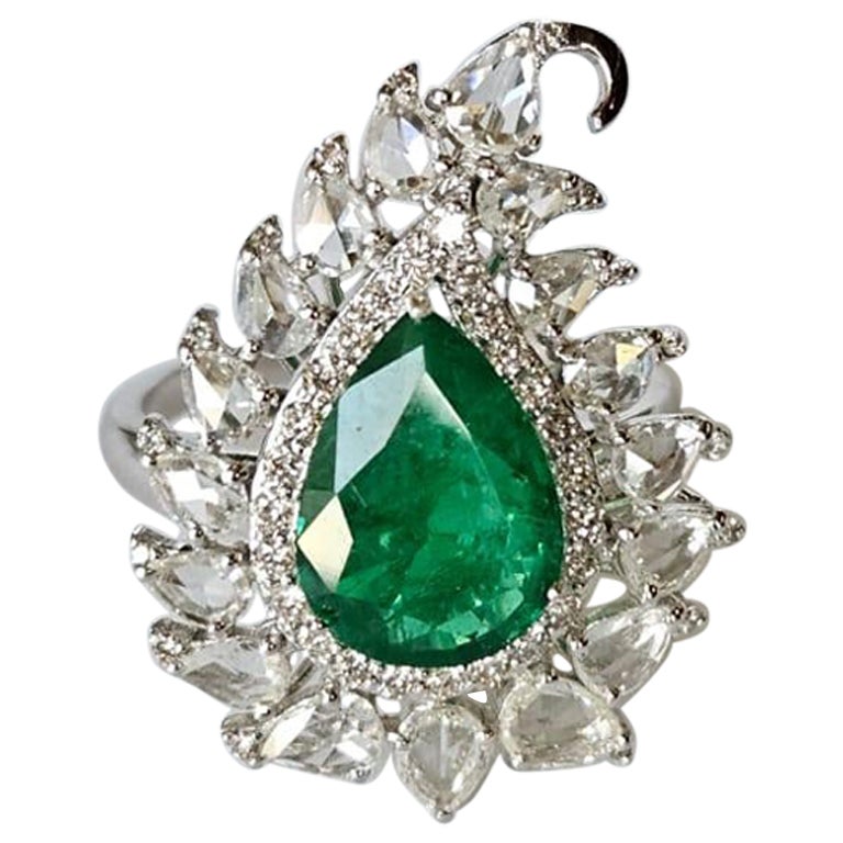 2.27 carats natural Zambian Emerald & Rose Cut Diamonds Engagement Cocktail Ring