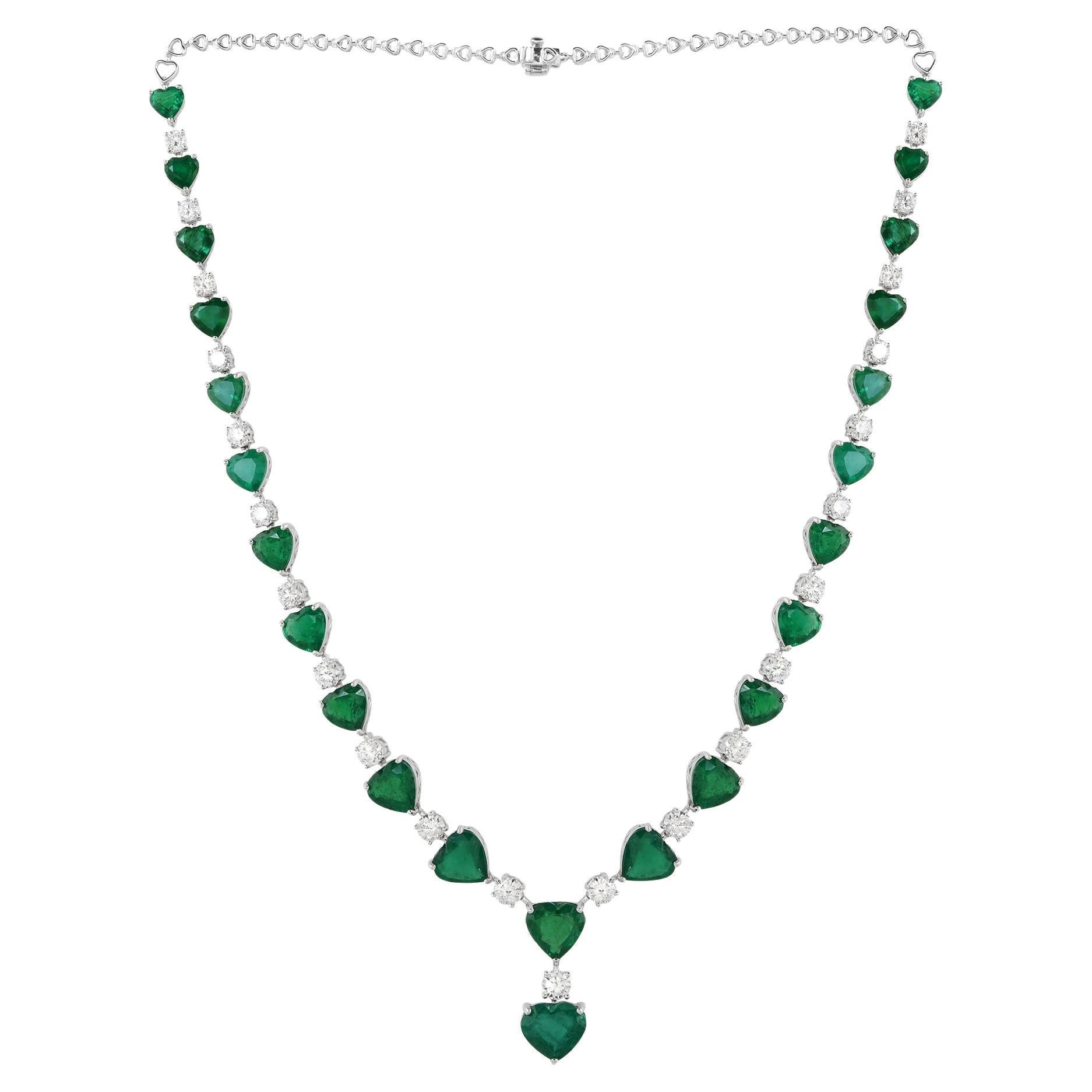 Heart Zambian Emerald Gemstone Necklace Diamond 14 Karat White Gold Fine Jewelry For Sale