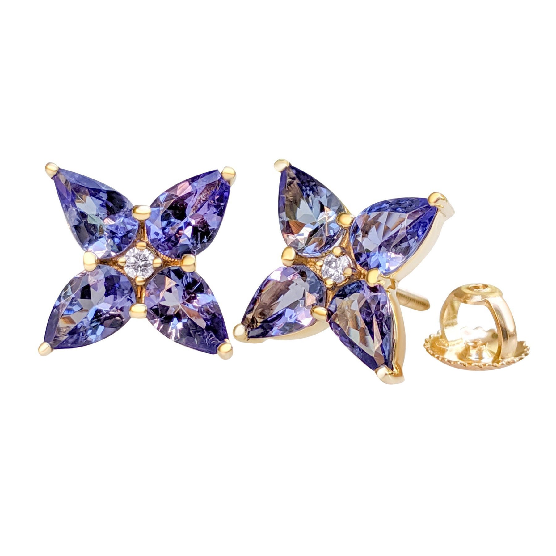NO RESERVE! 3.00Ct Tanzanite and 0.05Ct Diamonds 14 kt. Yellow gold Earrings