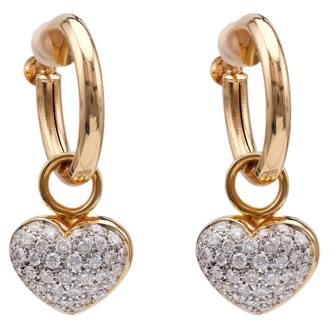 Pair of Vintage Diamond 18k Yellow Gold Heart Drop Earrings For Sale